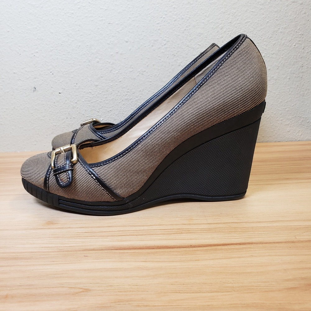 Michael Kors Buckle Front Wedge Heels Brown Black Preppy Academia Office Sz 7.5